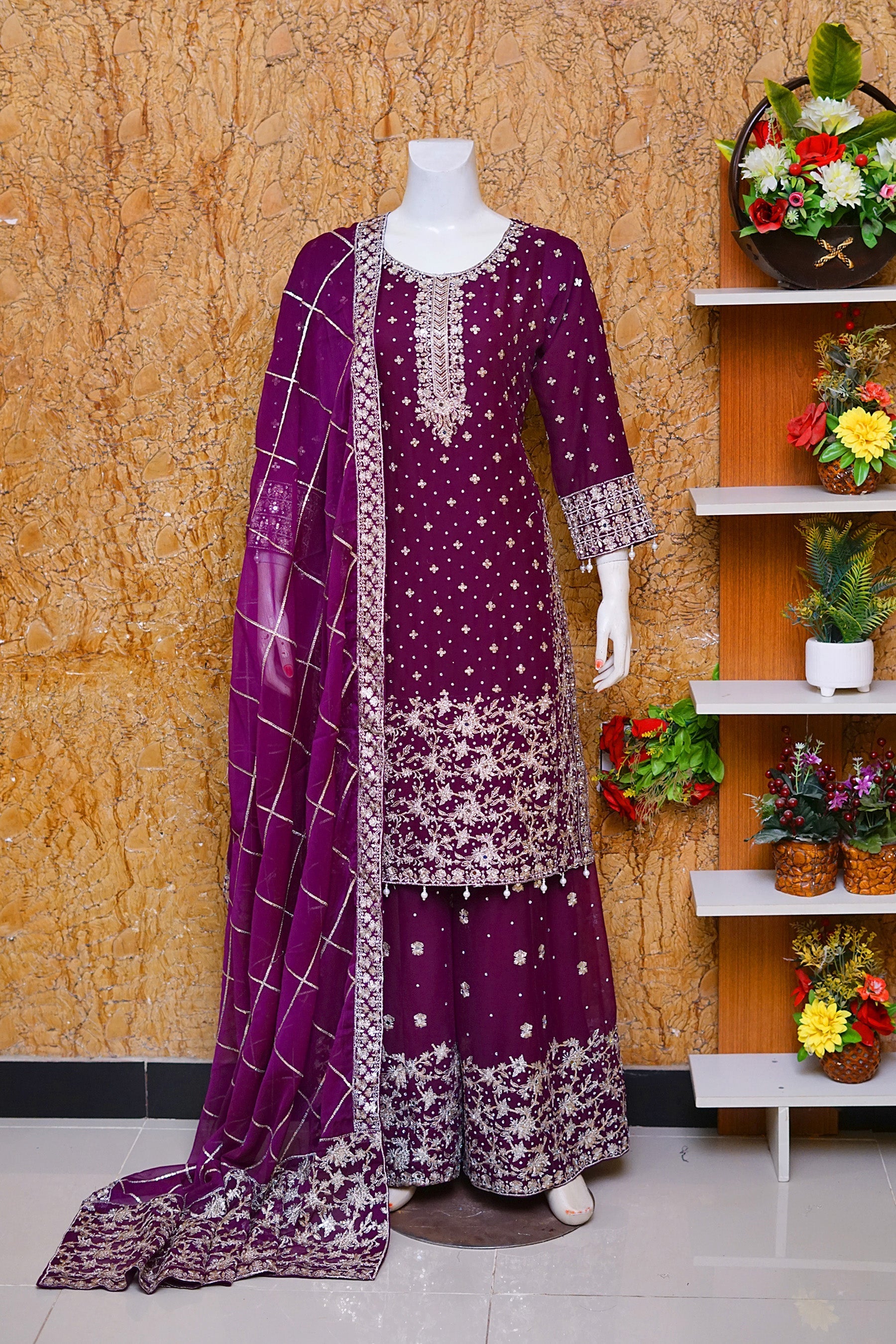 Saira Sultana Pret Embroidered Chiffon 3 Piece Suit Mahrosh Plum