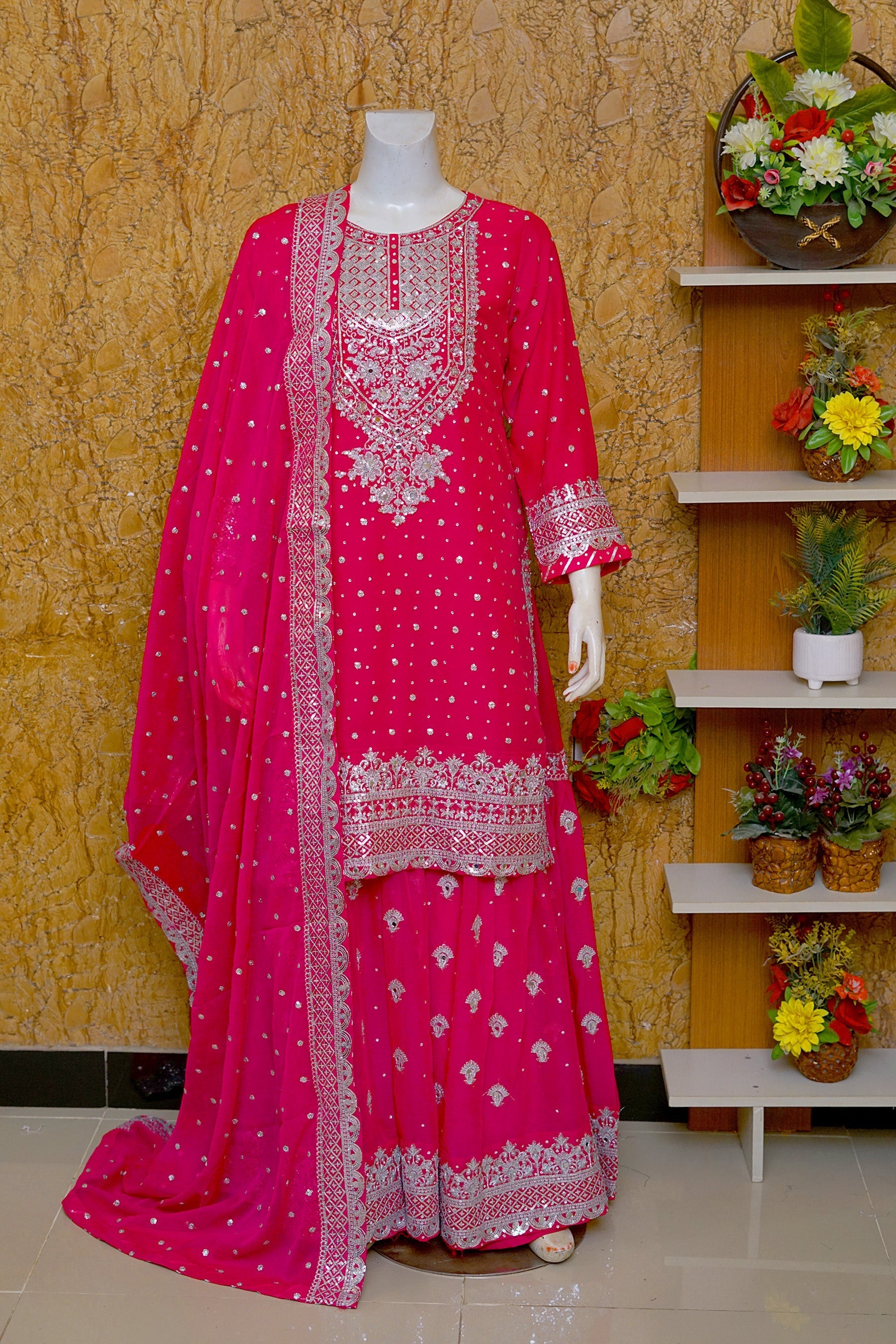 Saira Sultana Pret Embroidered Chiffon 3 Piece Suit Aleena Shocking Pink
