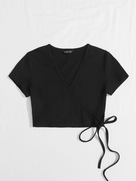 Shein- Surplice Wrap Knit Side Rib-Knit Crop Top – Bagallery