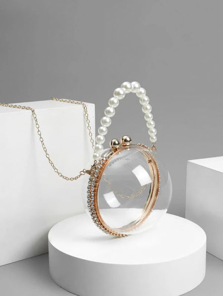 Rhinestone & faux pearl decor chain circle bag. – Stylbl