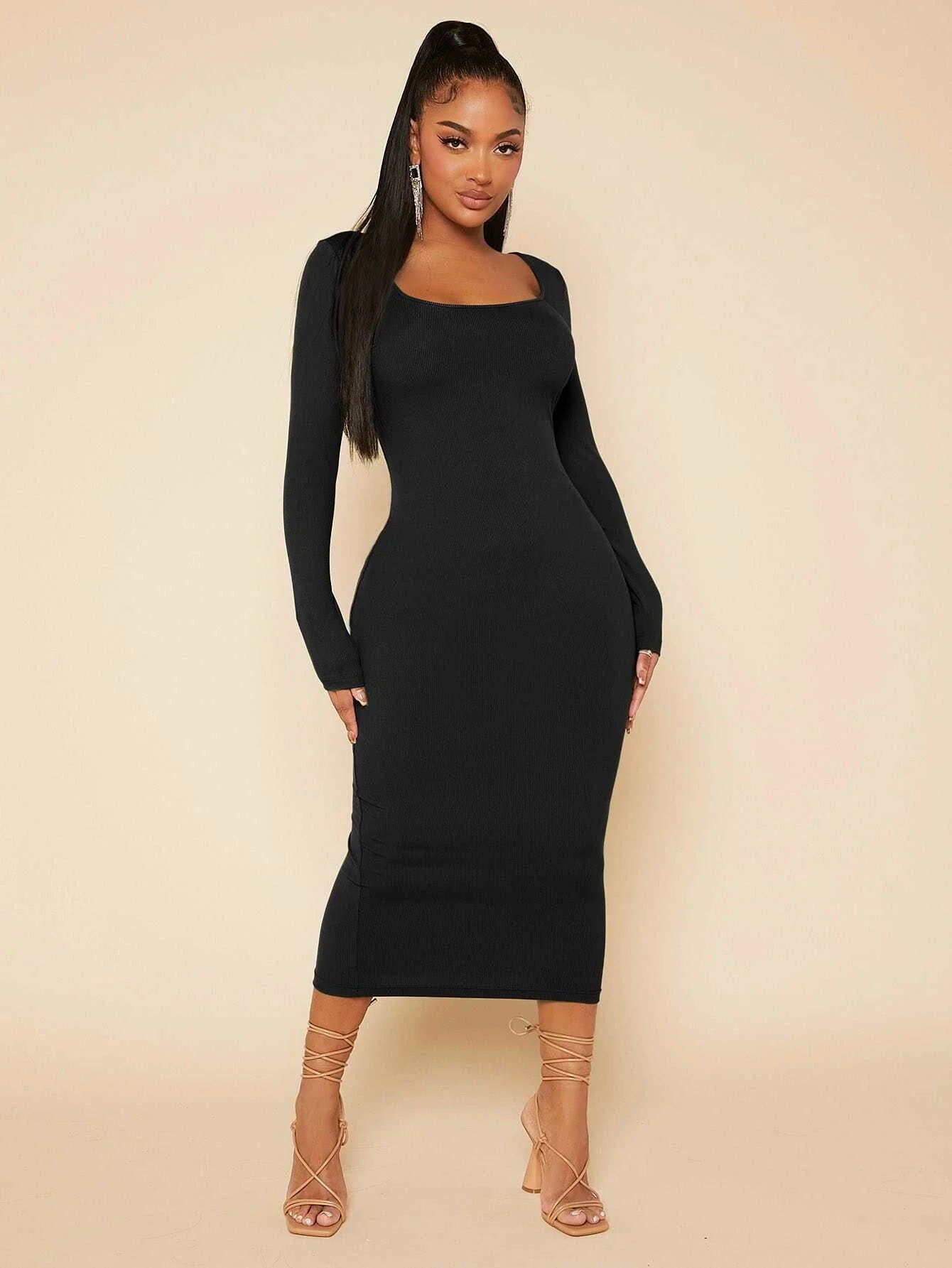 Shein SXY Solid Scoop Neck Bodycon Dress Bagallery Shein SXY Solid Scoop Neck Bodycon Dress Bagallery
