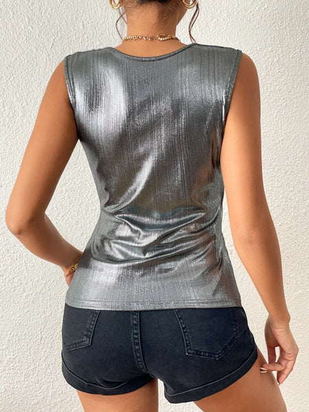 SHEIN BAE Women's Metallic Color Halter Slim Fit Vest Top