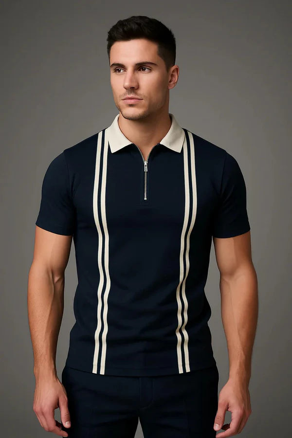 Vybe - Zipper Striped Polo Shirt - Navyblue