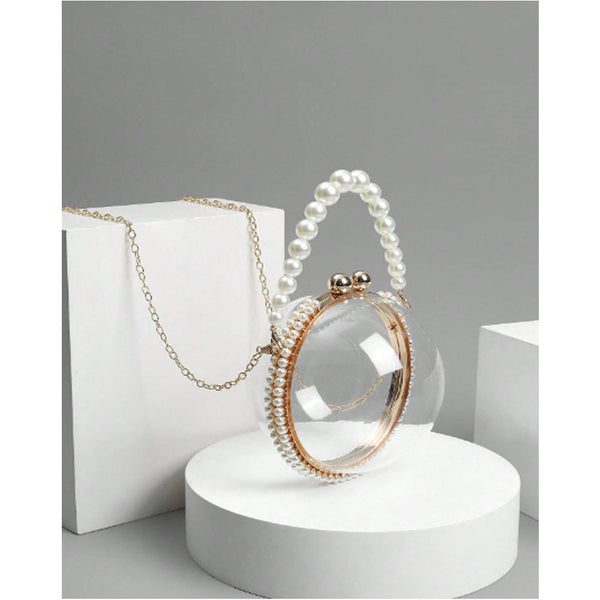 Shein - Mini round bag decorated with faux pearls, elegant transparent chain touch closure