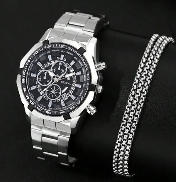 The Originals Watches- 2Pcs Gift Set Mens Necklace Watches Luxury Stainless Steel Quartz Wristwatch