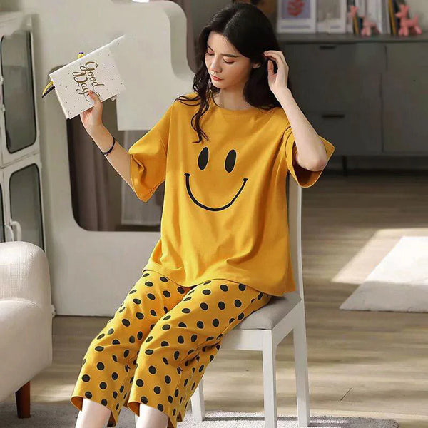 VYBE -  Smiley New Polka Mustard Printed PJ Suit