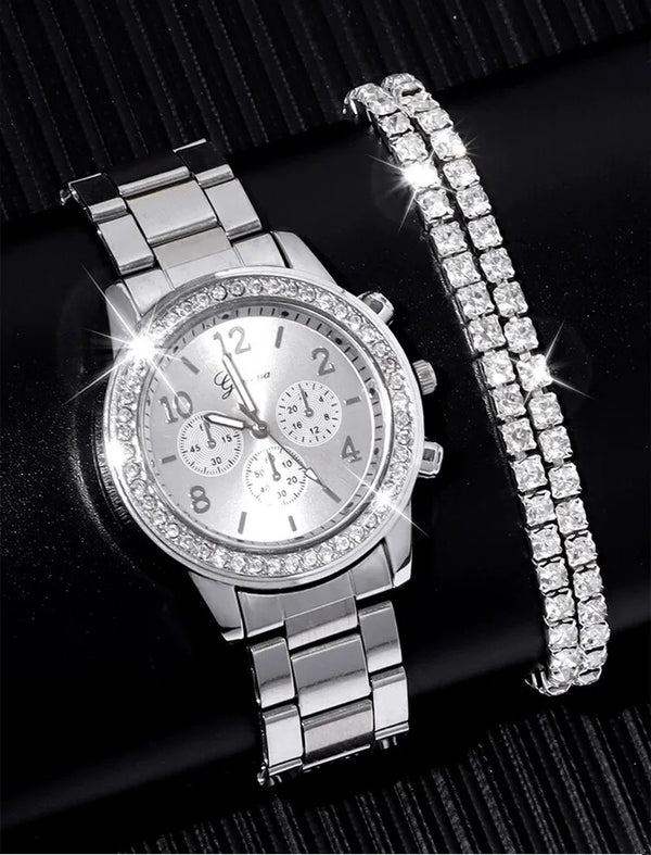 The Original Watches-3PCs Women's Diamond Inlaid Steel Band Quartz Watch+Bracelet Set