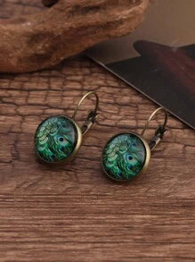 Shein - 1pc Peacock Print Round Design Earrings Copper Jewelry