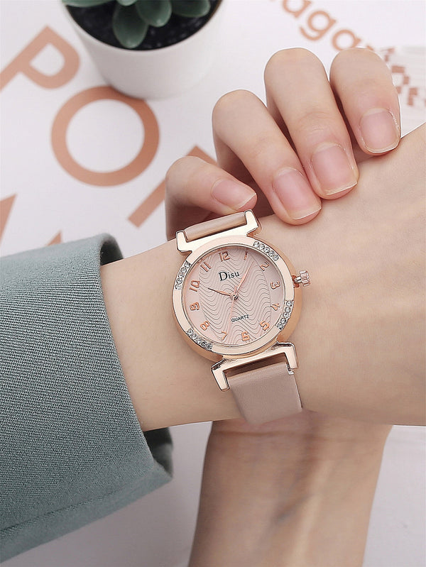 Shein - Rhinestone Decor Round Pointer Quartz Watch