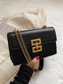 Shein - Minimalist Metal Decor Chain Shoulder Bag Elegant PU Crossbody Bag, Trendy Flap Shoulder Bag