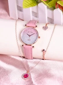 Shein - 1pc Ombre Dial Quartz Watch & 2pcs Jewelry Set