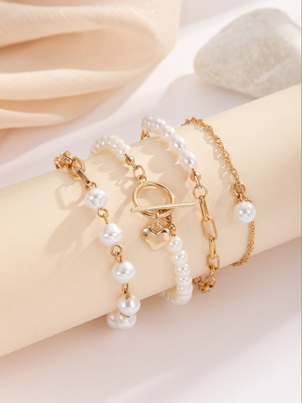 Shein - 4pcs Heart Charm Faux Pearl Beaded OT Buckle Bracelet