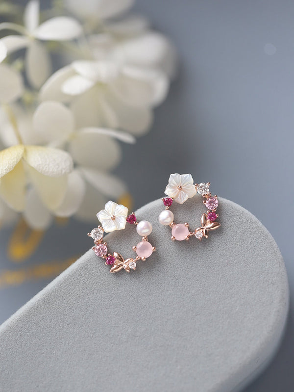 Shein - Rhinestone & Flower Decor Stud Earrings