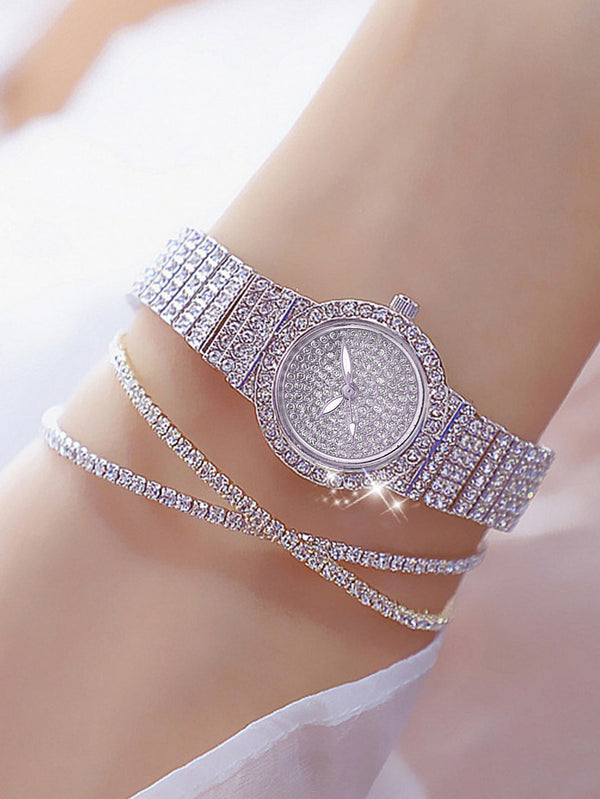 Shein - 3Pcs Fashion Trend Full Diamond Inlaid Steel Band Women'S Small Round Quartz Watch With Diamond Bracelet Combination Set