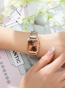 Shein - 1pc Women Two Tone Stainless Steel Strap Glamorous Rhinestone Decor Square Dial Quartz Watch, For Daily Life