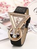 Shein - 1Pc Black Pu Polyurethane Strap Glamorous Rhinestone Decor Triangle Dial Quartz Watch & 4Pcs Jewelry Set, For Daily Life