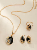 Shein - 1Pc Black Pu Polyurethane Strap Glamorous Rhinestone Decor Triangle Dial Quartz Watch & 4Pcs Jewelry Set, For Daily Life