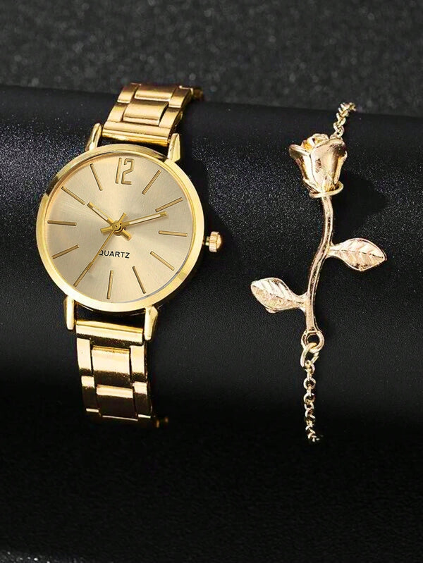 Shein - 1Pc Women Gold Zinc Alloy Strap Fashionable Round Dial Quartz Watch & 1Pc Bracelet, For Daily Life