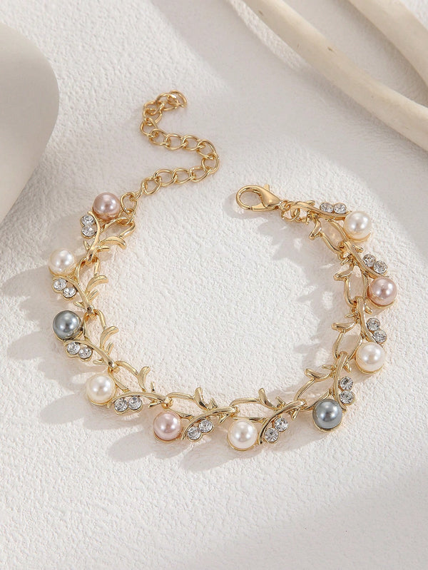 Shein - 1Pc Luxury Zinc Alloy Faux Pearl & Rhinestone Decor Leaf Detail Chain Bracelet For Women For Daily Life