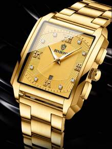 Shein - Men's Watch Gold Strap Rhinestone Square Dial Calendar Pointer Quartz Watch, For Daily Life Waterproof Father