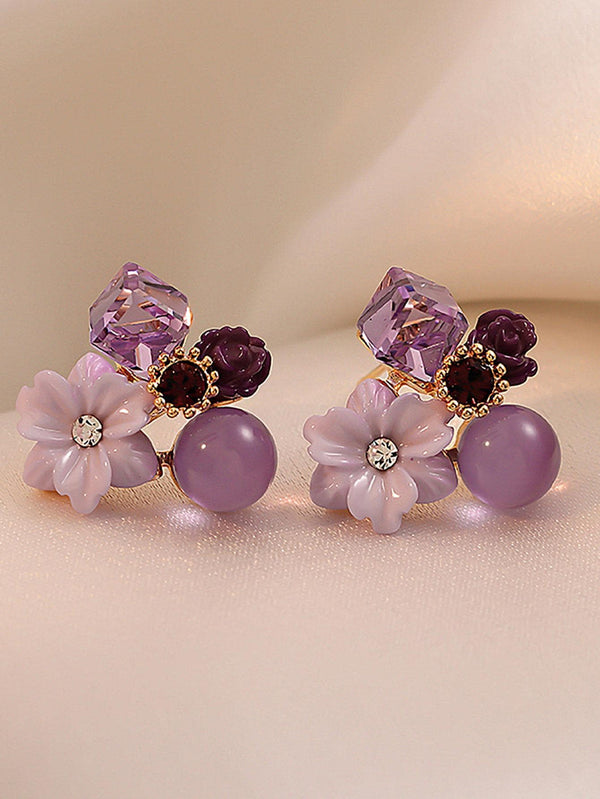 Shein - French-Style Purple Flower Earrings With Multiple Elements, Korean And Japanese Style, Exquisite And Charming Ear Studs