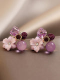 Shein - French-Style Purple Flower Earrings With Multiple Elements, Korean And Japanese Style, Exquisite And Charming Ear Studs