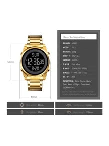 Shein - 1pc Men Gold Stainless Steel Strap Business Date Calendar Water Resistant Round Dial Digital Watch