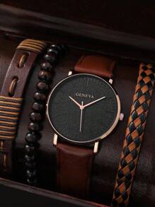 Shein - 1pc Simple Casual Graduated Quartz Leather Watch And 3pcs Luxury Leather Bracelet Set