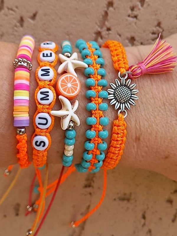 Shein - 5Pcs/Set Bohemian Hand Letter Starfish Beaded Decorative Bracelet Set For Women Forâ Summerâ Vacationâ Travelâ Beachâ Party Accessories