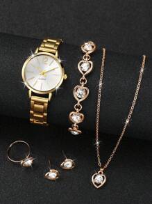 Shein - 1pc Women Gold Zinc Alloy Strap Fashion Rhinestone Decor Round Dial Quartz Watch & 4pcs Jewelry Set,