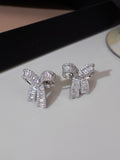 Shein - 1Pair Glamorous Copper Cubic Zirconia Bow Decor Stud Earrings For Women For Dating Gift