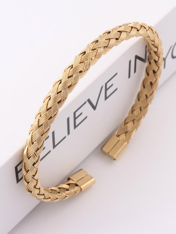 Shein - 1Pc Stainless Steel Braided Design Cuff Bangle