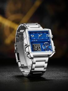 Shein - LIGE 1pc Men Silver Stainless Steel Strap Business Water Resistant Square Dial Digital Watch