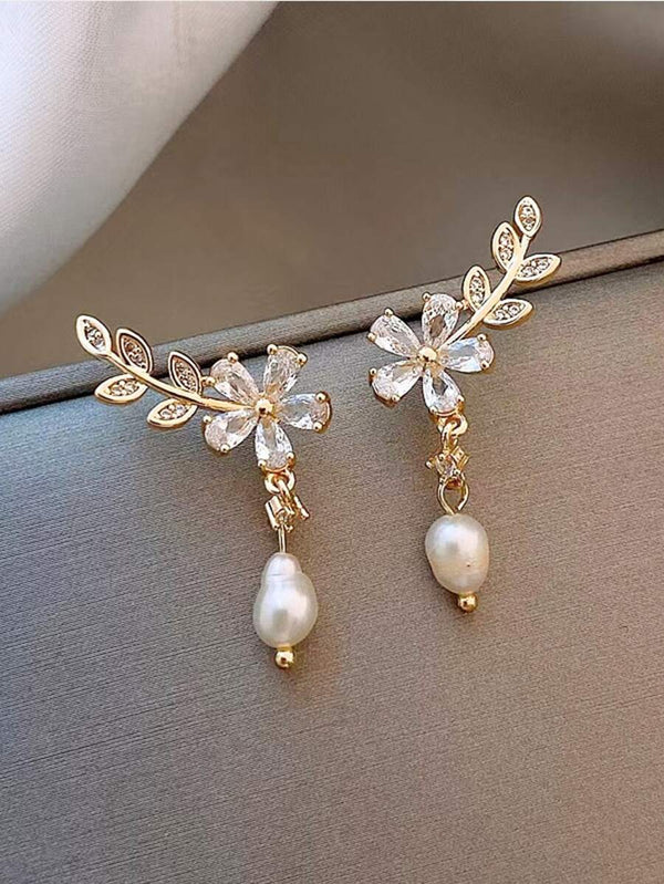 Shein Flower & Leaves Shape Faux Pearl & Cubic Zirconia Hanging Earrings Trendy Twig Design