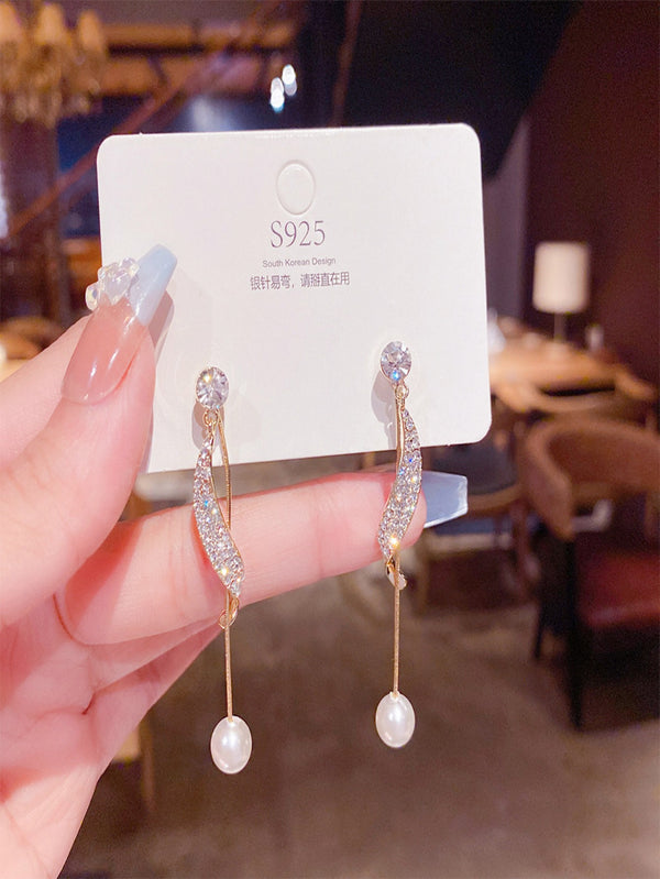 Shein - S925 Silver Korean Style Double Wear Imitation Faux Pearl& Rhinestone Earrings, 2022 New Arrival Tassel Design Stylish Dangling Earrings