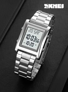 Shein -  1pc Men Silver Stainless Steel Strap Business Calendars Alarm Water Resistant Square Dial Digital Watch