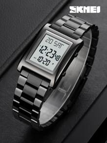 Shein - 1pc Black Stainless Steel Strap Business Calendars Alarm Water Resistant Square Dial Digital Watch