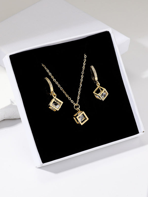 Shein - 3Pcs Stainless Steel Fashionable 3D Crystal Design Sets Including Necklace, Earrings. Women'S Square Shaped Zirconia Jewelry Set For Evening Dress With Box Included As Gift