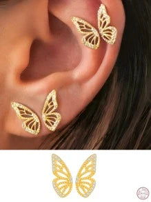 Shein - S925 Silver Cubic Zirconia Hollow-Out Butterfly Stud Earrings