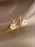Shein - 1Pair Casual Chic & Cross Design Seashell & Floral Dangle Earrings For Women, Suitable For Daily Wear