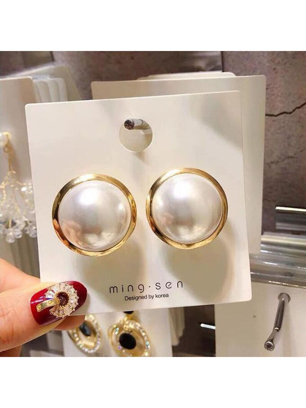 Shein - 1pair Large Faux Pearl Ear Studs, Retro & Simple Earrings For Women, New Fashion Top-Grade Texture Women's Jewelry