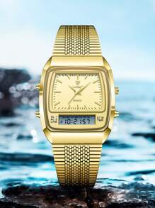 Shein - 1pc Men's Golden Case Trendy 12/24-hour Mode Dual Time Display Stainless Steel Waterproof Quartz Watch