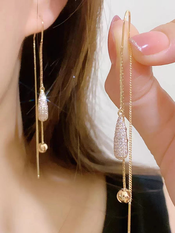 Shein - 1pair Fashionable Waterdrop Shape Earrings With Rhinestone Inlaid And Long Chain, Designed For Daily Wear Of Women