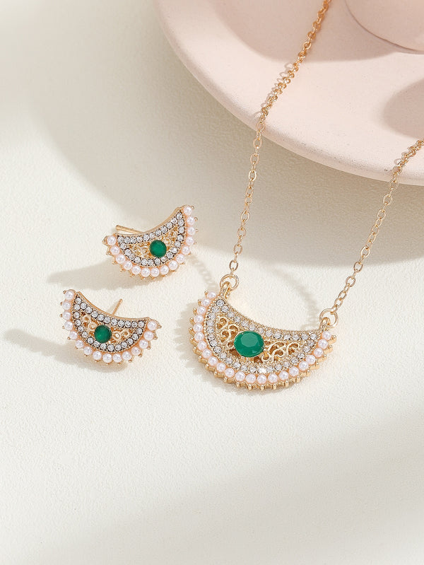 Shein - 3pcs/Set Gold-Plated Zinc Alloy Half Moon Shaped Necklace & Earrings With Pearl & Rhinestone Decor For Women