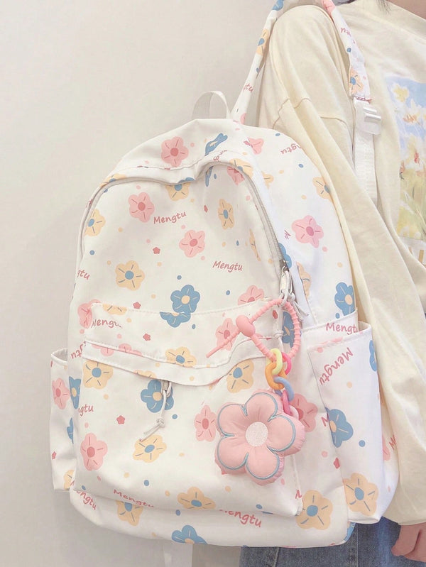 Shein - Cute Color Collision Cartoon Printed Backpack With Flower Pendant For Teen Girls, Casual School Bag With Large Capacityschool Backpackclassic,Casualfor Teen Girls Women College Studentsback To School,Outdoors, Travel, Outings