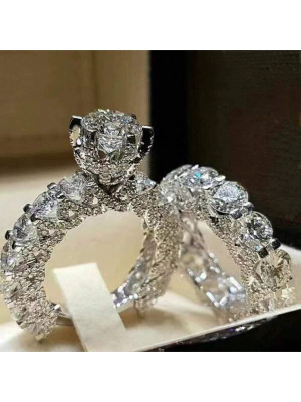 Shein - 1Pair European & American Style 2-In-1 Rhinestone Inlaid Ring Suitable For Bridal Wedding