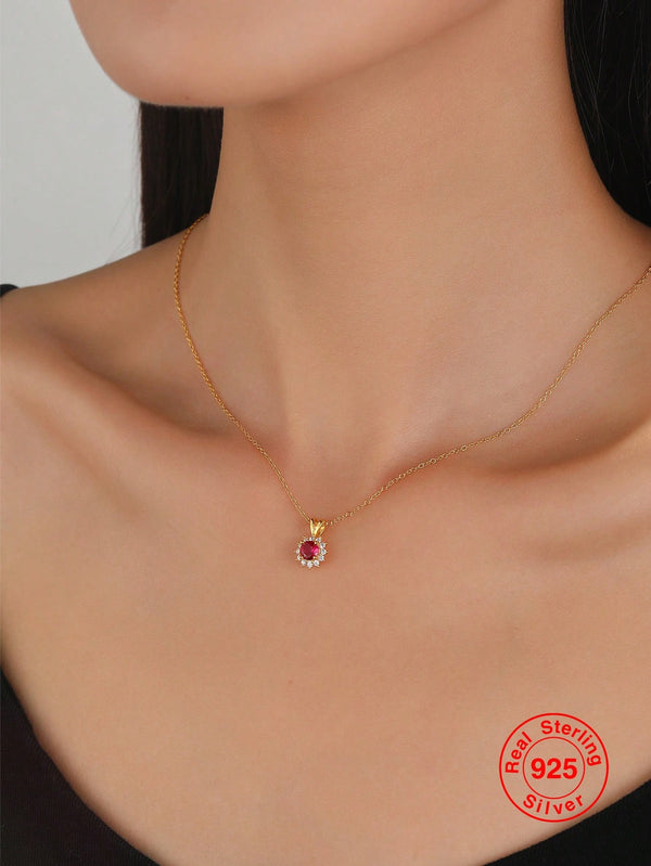 Shein - 1pc Silver S925 Gold Plated Red Garnet & Cubic Zirconia Decor Circular Pendant Necklace For Women