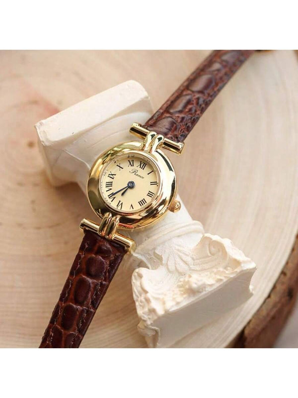 Shein - 1Pc Women'S Retro Roman Scale Leather Strap Wristwatch