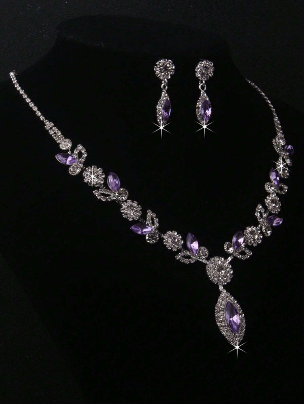 Shein - Purple High-end Bridal Jewelry Set, Including Full Drill Prongs Chain Necklace set