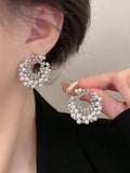 Shein - 1Pair French Style Personality Rhinestone & Faux Pearl Crescent Moon-Shaped Stud Earrings